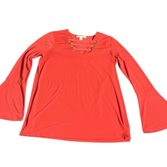 Micheal Kors,blouse,Tulip sleeve ,cut out,metal logo blouse in coral color.EC - Picture 10 of 15